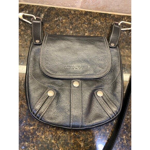 Vintage Longchamp Pebbled Black Leather with Silver Hardware Crossbody GUC - Picture 2 of 12